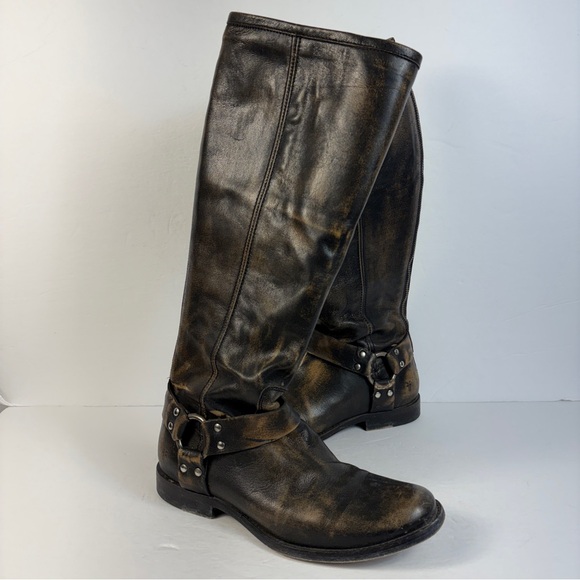 ❤️ Frye Phillip Harness Boots Black Distressed Leather Moto Biker 8 *Flaw - Picture 3 of 9